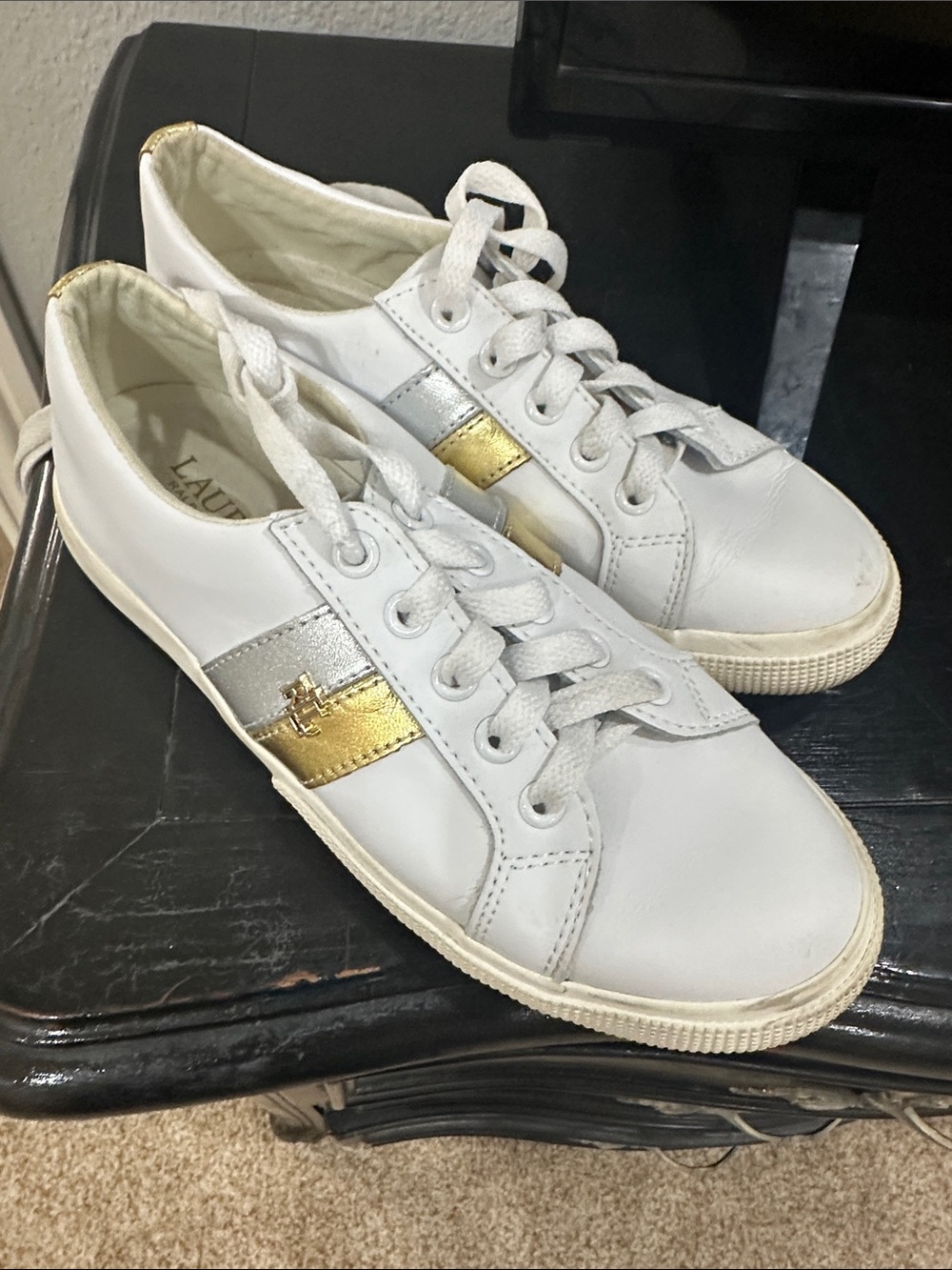 Lauren Ralph Lauren Leather Sneakers with Gold Accent - Women's Casual Shoes